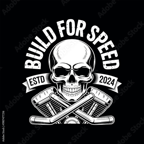 Skull with motorcycle engines build for speed customs garage.