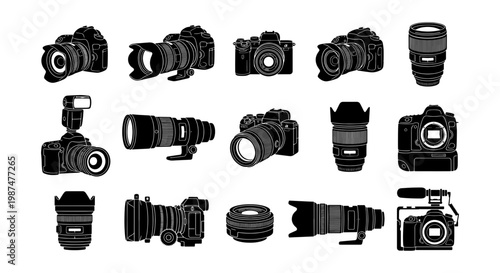 Professional camera equipment silhouettes, set of 15 photography gear icons, digital SLR and mirrorless camera bodies with lenses, video production tools