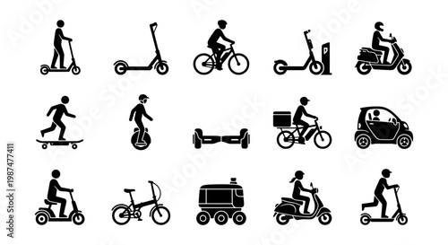 Micro mobility icons set of 15 vector silhouettes, electric scooter and bicycle transportation symbols, urban eco-friendly vehicle pictograms for city travel