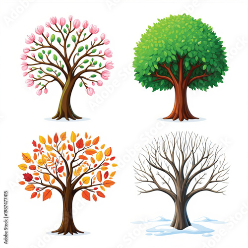 A simple illustration of a tree shown in four different seasons with changing leaves and colors throughout the year
