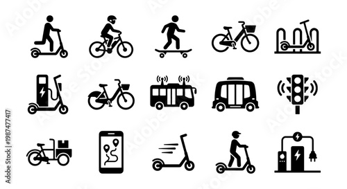 Micro-mobility icon set with electric scooters and bicycles. Urban transportation vector symbols for smart city travel. 15 black silhouette icons.