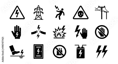 Electrical shock hazard warning icons, set of 15 black vector symbols for high voltage safety, industrial electricity danger signs and power line alerts