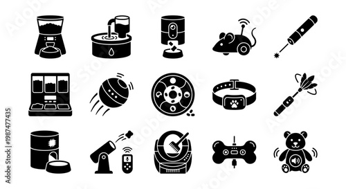 Smart pet technology icons set, 15 black silhouette vector elements for automatic feeders and electronic cat toys, modern pet care gadgets collection