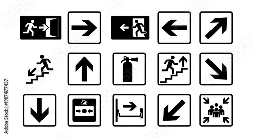 Emergency exit signs and fire safety icons set, black evacuation symbols on white background, 14 vector navigation pictograms for building security