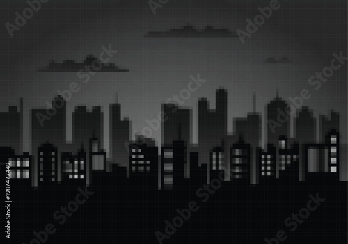 Halftone city skyline silhouette with skyscrapers, urban landscape vector illustration