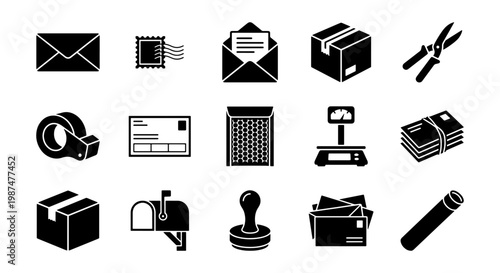 Post office and shipping icon set, 15 black vector mail and delivery symbols, logistics and postal service elements for web and app design