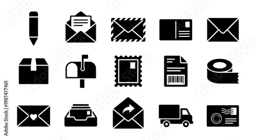 Postal service and logistics icons set, 15 black solid vector symbols of mail delivery and shipping, envelope and package icons for business