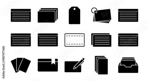 Minimalist index card icon set, black solid flashcard vector symbols, 15 stationery and office supply elements for organization and study