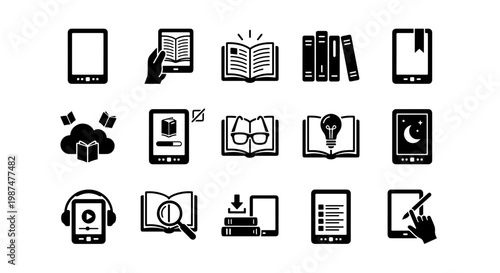 E-book reader and digital library icons, 15 black vector symbols for online education, electronic reading devices and audiobook application interface