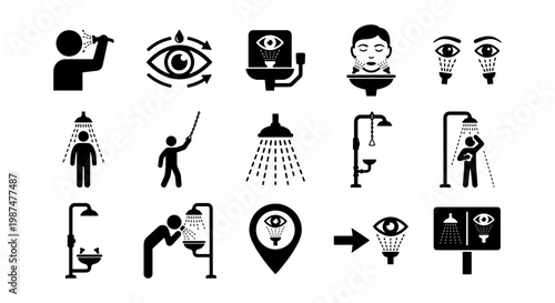 Emergency eye wash station and safety shower icons, 15 industrial first aid symbols, black vector silhouettes for workplace health and safety signage