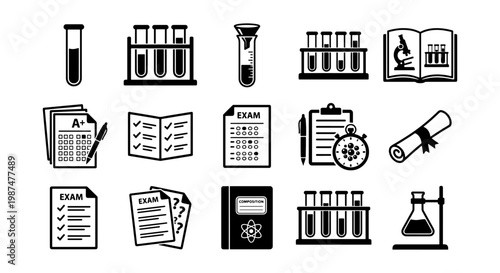 Science and education icons set, laboratory glassware and chemistry test tubes, academic exam papers and biology research symbols, 15 black vector elements