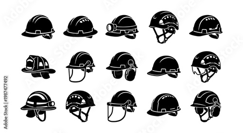 Industrial safety helmet icons, 15 construction hard hat vector elements, protective headwear set for mining and engineering, black work gear silhouettes