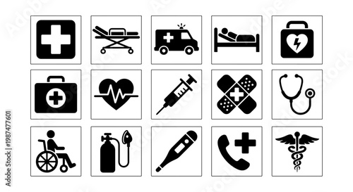 Medical icon set with 15 black and white vector symbols, healthcare emergency signs, hospital equipment and first aid kit illustrations