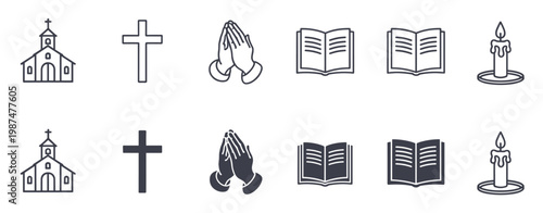 Religious Icons Set With Church Cross Praying Hands Open Books And Candle On White Background Keywords: religion, christianity, church, cross