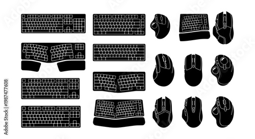 Computer keyboard and mouse vector set, black silhouette icons of ergonomic gaming peripherals, 16 office hardware elements for tech design