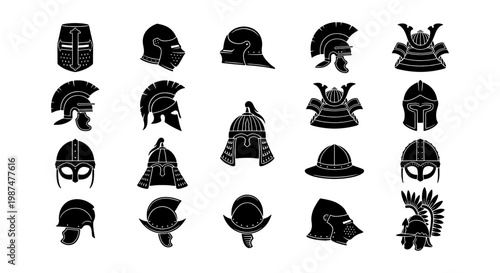 Ancient warrior helmet icons set, 20 medieval knight and gladiator headgear vector silhouettes, historical spartan and samurai armor elements