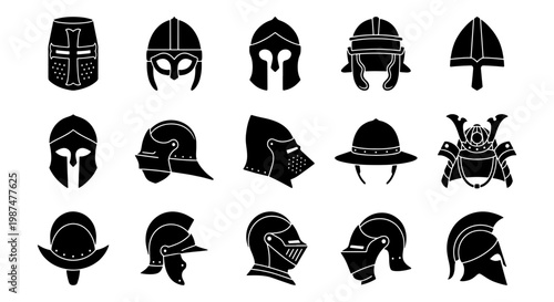 Medieval Knight Helmet Icon Set, 15 Black Vector Silhouettes of Ancient Warrior Headgear, Historical Armor and Battle Helmets for Gaming and Design
