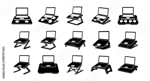 Ergonomic laptop stand icons set, 15 black vector silhouettes of computer cooling pads and adjustable desk risers for home office workspace