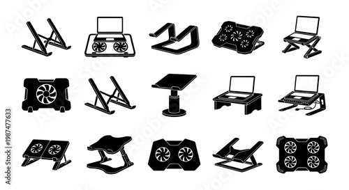 Laptop stand and cooling pad icons, 15 black vector elements for ergonomic workspace, notebook riser and computer radiator fan symbols