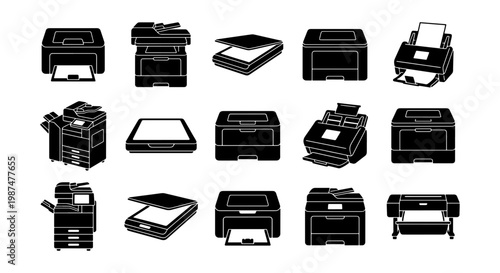 Office printer and scanner icon set, 15 black silhouette vector elements, professional multifunction copier and laser printer hardware collection