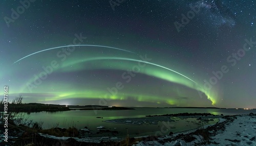 Vibrant green aurora borealis arc over snowy winter landscape at night