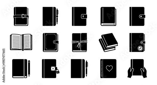 Black notebook icon set, 15 personal diary and planner vector symbols, minimalist office stationery and journal collection for web design