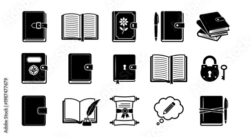 Black and white diary icon set, 15 vector elements of personal journals and notebooks, flat stationery symbols for planning and writing