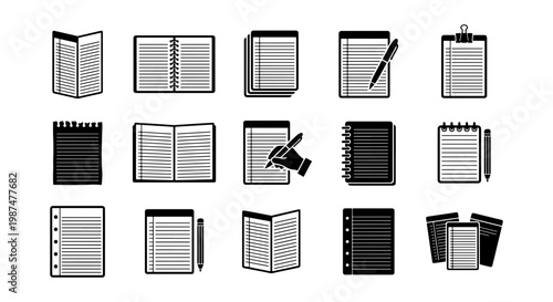 Minimalist notebook icons set, 15 black and white paper stationery vectors, flat notepad and spiral journal symbols for office and education