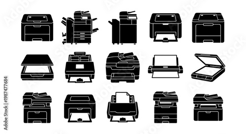 Black printer silhouette icons set, office copier and scanner vector collection, 15 professional printing machine symbols for business documentation