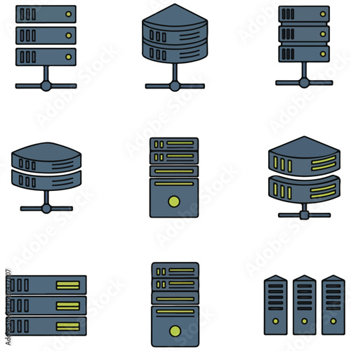 Server Rack Network Data Center Vector Icon Set