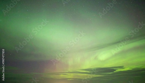 soft aurora borealis glow in night sky with subtle green hues and misty atmosphere