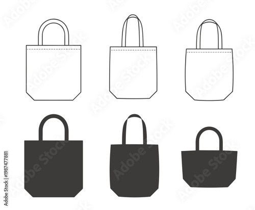 Six tote bag outlines and silhouettes in different sizes and colors shopping bag canvas bag