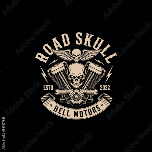 Skull motorcycle engine vintage emblem hell motors biker theme.