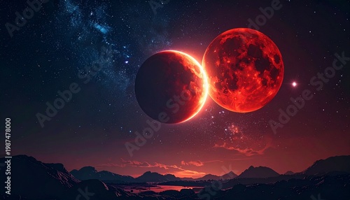 dramatic lunar eclipse and mars opposition in starry night sky over mountains