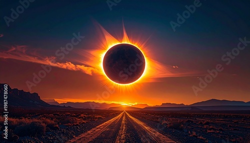 Dramatic annular solar eclipse at sunset over desert landscape with glowing ring