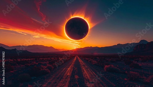 dramatic annular solar eclipse at sunrise over desert landscape with vibrant red sky