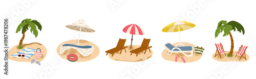 Collection of beach relaxation scenes with sunbeds, umbrellas, palms and summer accessories. Vector elements for travel resort and leisure design.
