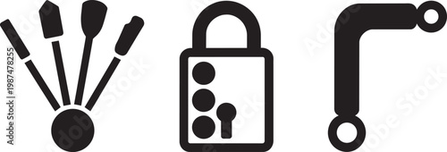 Lockpicking tool kit and security padlock icons in 3 flat black vector elements for design