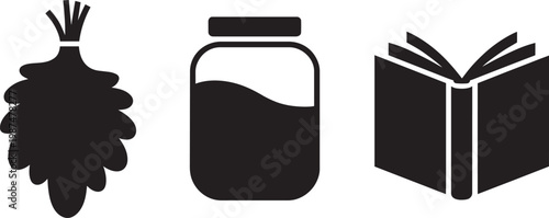 Minimalist flat design, set of 3, vector icons with a tied herb bundle, liquid jar