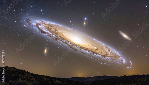 Milky Way galaxy with star clusters and cosmic dust in night sky over mountain landscape