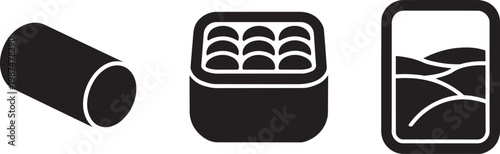 Minimalist Japanese sushi food 3 icon set featuring a maki roll, bento box with 6 pieces