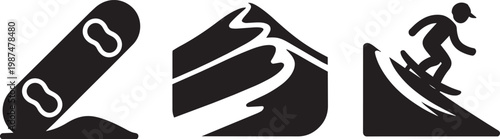 Snowboarder performing trick on ramp with snowboard and powder wave icons with winter