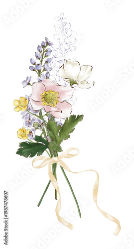 Foto Spring flower bouquet clipart, colored pencil illustration, soft pastel vintage
