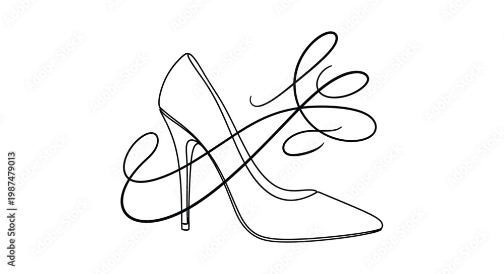 Obraz premium High heel shoe line art illustration with decorative swirls stiletto footwear minimalist