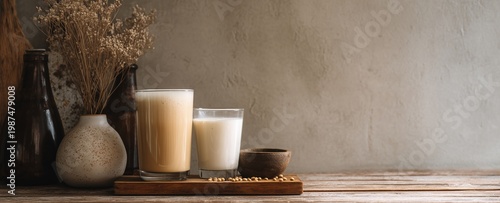 Making and drinking soy milk for health minimalist cafe scene with soy milk drink served in aesthetic glass modern lifestyle