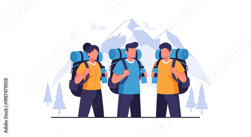 Group of Backpackers Hiking in Mountain Landscape