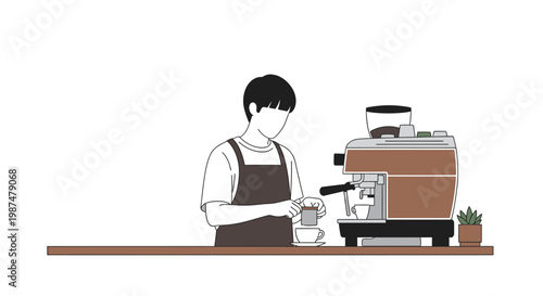 Male barista preparing coffee with espresso machine in cafe