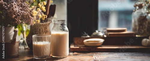 Making and drinking soy milk for health minimalist cafe scene with soy milk drink served in aesthetic glass modern lifestyle