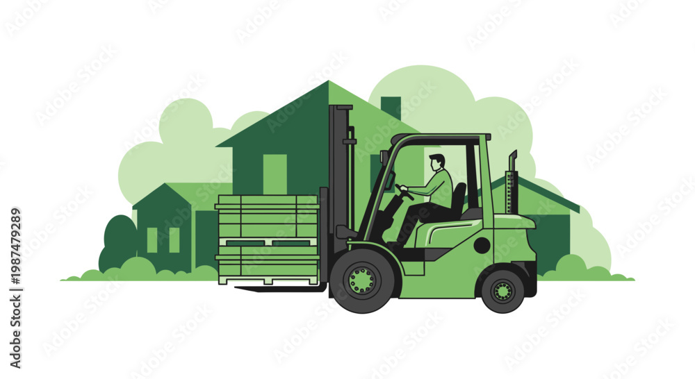 Naklejka premium A Green Forklift Transports Lumber Near Houses Depicting Residential Construction