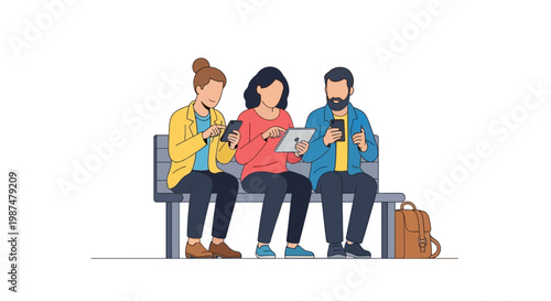 Group of Young Adults Using Smartphones and Tablets on a Public Bench